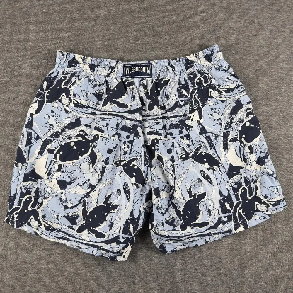Vilebrequin Swim Shorts Mens 2XL Blue Turtle Print Trunks Mesh Lined Quick Dry